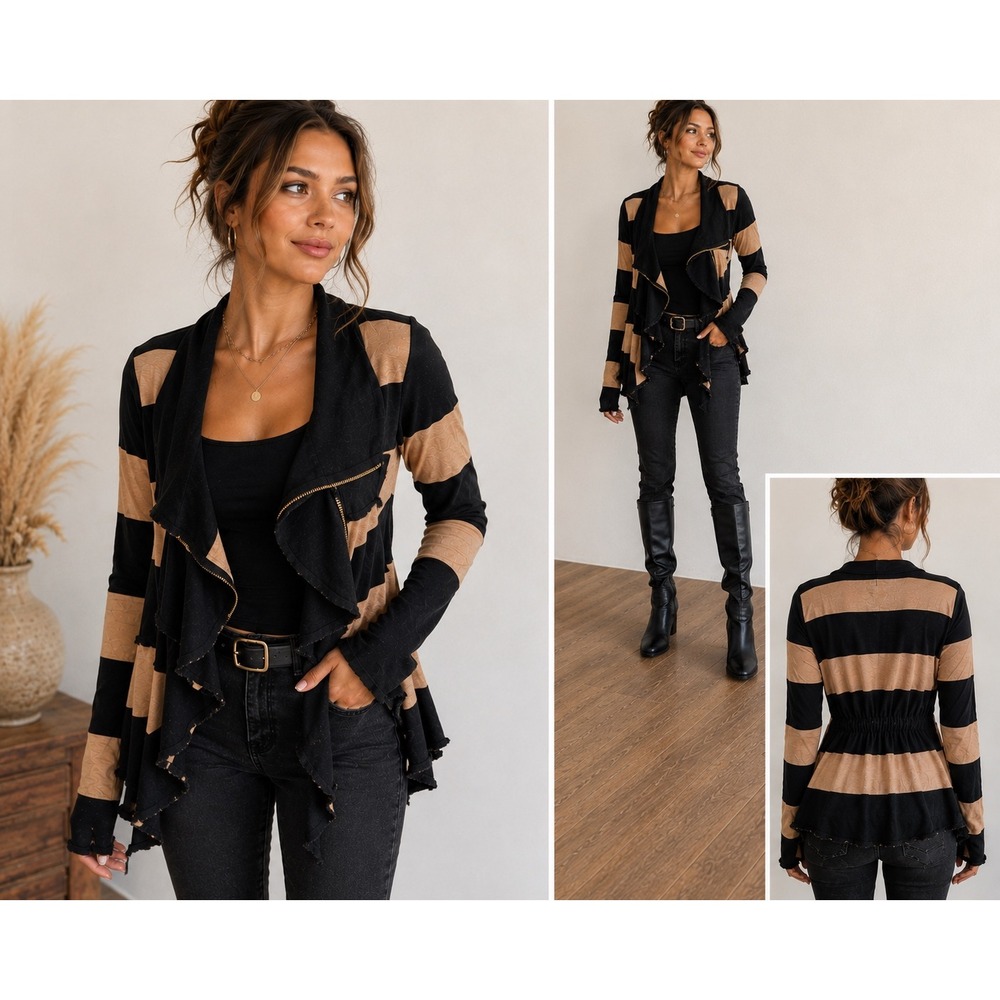 Charlotte Cardigan Women Medium Black Tan Cotton Striped Asymmetric Zip Ruffle
